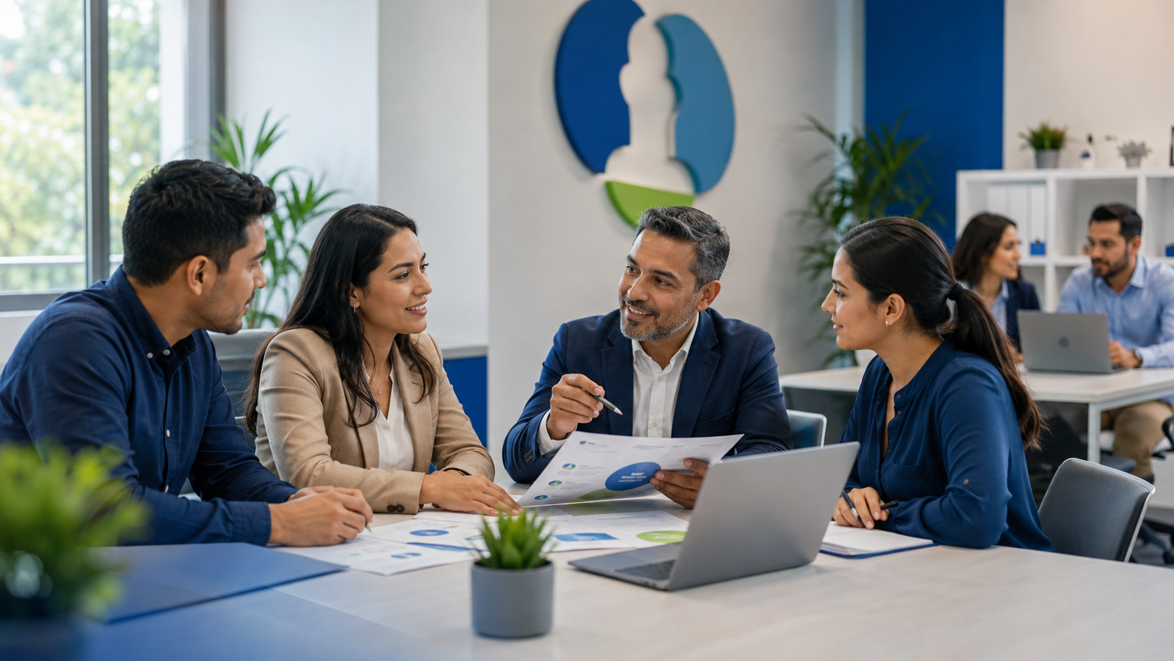 Escena de asesoría empresarial con reunión profesional y orientación estratégica